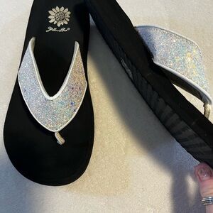 ✨ Yellow Box white glitter Wedge Flip Flops | Black Platform Sandals ✨